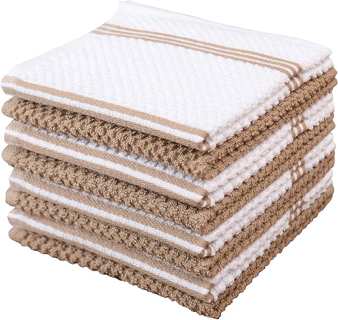 Sticky Toffee Cotton Dishcloths Set of 8 – 12x12 in Tan and White Tea Towels, Reusable and Absorbent Dish Cloths for Cleaning or Drying, Oeko-Tex Cotton