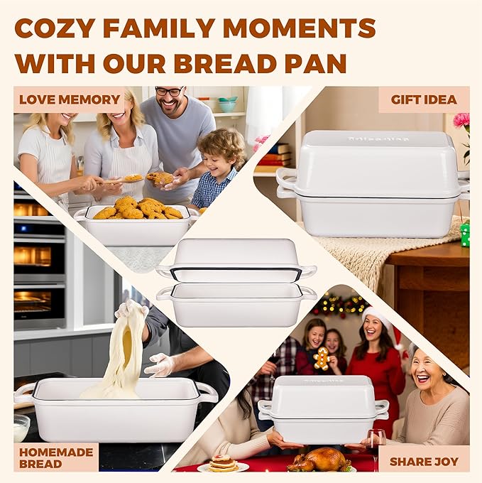 11x5 Inch Cast Iron Bread Loaf Pan With Lid, 5.8 Qt Large Loaf Pan for Sourdough Bread Baking, Heavy Duty Dutch Oven Bread Pan For a Crispy Crust (Cream White)