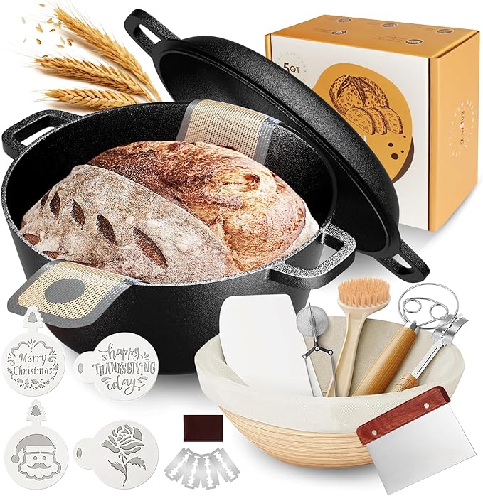 Cast Iron Dutch Oven for Bread Baking, 5QT Cast Iron Bread Pan with Lid, Sourdough Baking Supplies Tools like Banneton Proofing Basket, Bread Dutch Oven