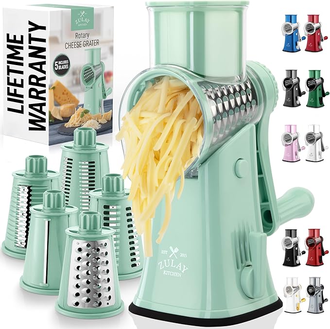 Zulay Kitchen Rotary Cheese Grater 5 Blade Cheese Shredder - Manual Hand Crank Cheese Grater With Reinforced Suction & 5 Interchangeable Drums - Easy to Use, Vegetable Chopper Round Mandoline Slicer