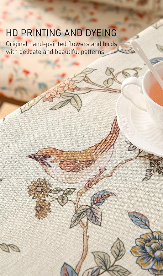 French Tablecloth for Rectangle Tables,Linen Table Cloth with Flowers and Birds Pattern,Heavy Durable Table Cover for Dining Thanksgiving Kitchen Decor Party Banquet Christmas,63"*94"