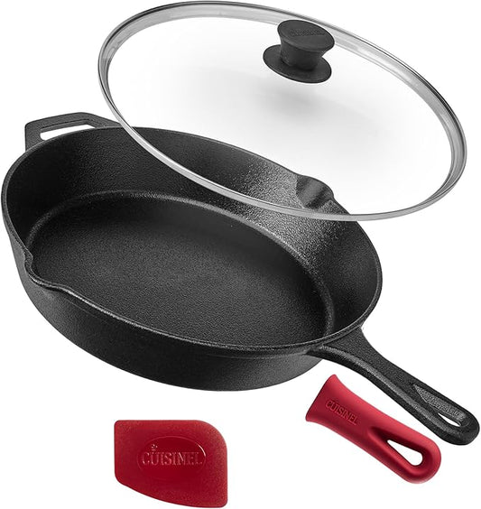 Pre-Seasoned Cast Iron Skillet (12-Inch) W/Tempered Glass Lid and Handle Cover Oven Safe Cookware | Heat-Resistant Holder | Indoor and Outdoor Use | Grill, Stovetop, Induction Safe