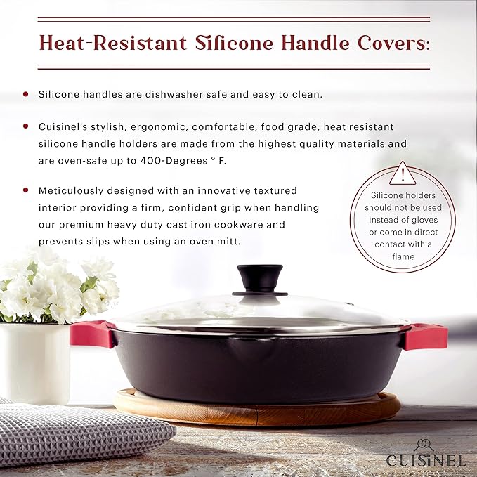 Cast Iron Skillet with Glass Lid - 12"-Inch Dual Handle Frying Pan + Pan Scraper + Silicone Handle Holder Covers - Preseasoned Oven Safe Cookware - Indoor/Outdoor Use - Grill, Stovetop, Induction Safe