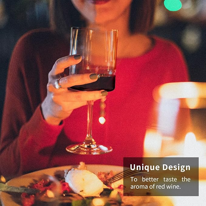 SANZO Square Wine Glasses Set 4, Wine Glasses 15oz, Elegant Design White Wine Glasses, Red Wine Glasses Set for Home Bar Party (4pcs)