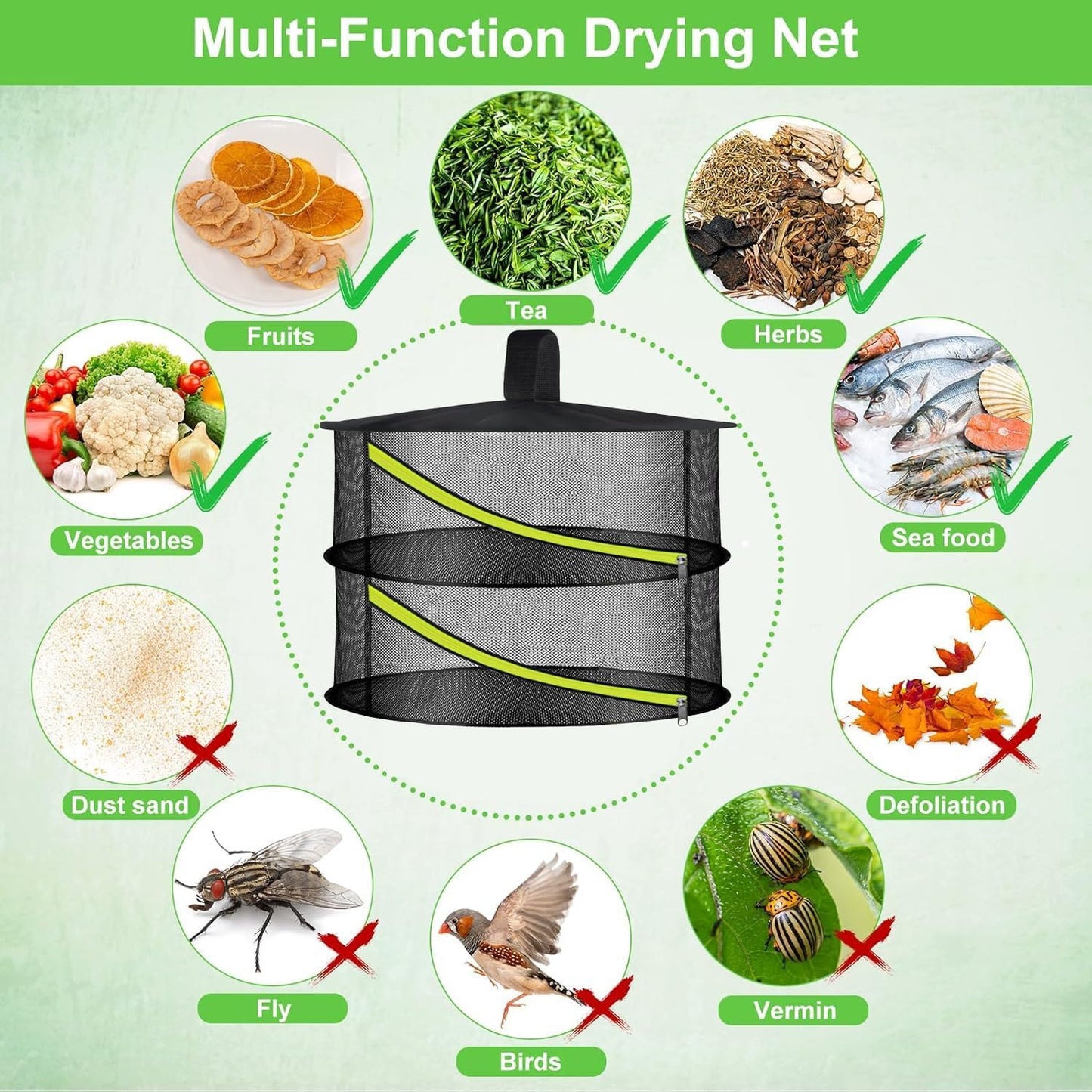 2 Layer Herb Drying Rack, Hanging Mesh Net, Foldable Plant Drying Rack with Diagonal Zipper, Garden Trimming Shears and Hooks, for Drying Herbs Plants, Fruits, Seafood, Clothing(2 Layers-23.62'')