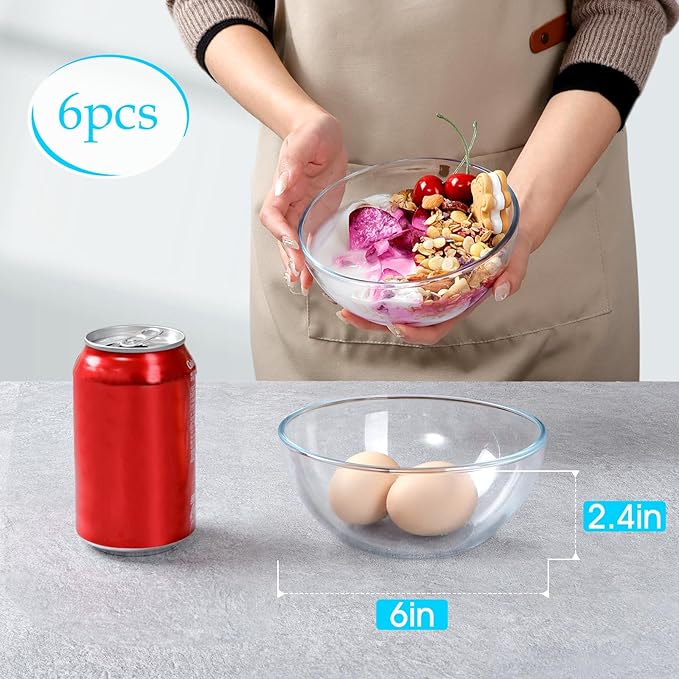 NUTRIUPS 6 Inch Glass Bowls, Small Glass Bowl Set, 6 Pack Clear Tempered Glass Cereal Bowls for Kitchen Microwave and Oven Safe (6 inch, Set of 6)