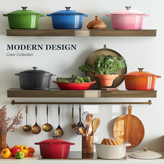 Overmont Enameled Cast Iron Dutch Oven - 4.5QT Pot with Lid Cookbook & Cotton Potholders - Heavy-Duty Cookware for Braising, Stews, Roasting, Bread Baking blue