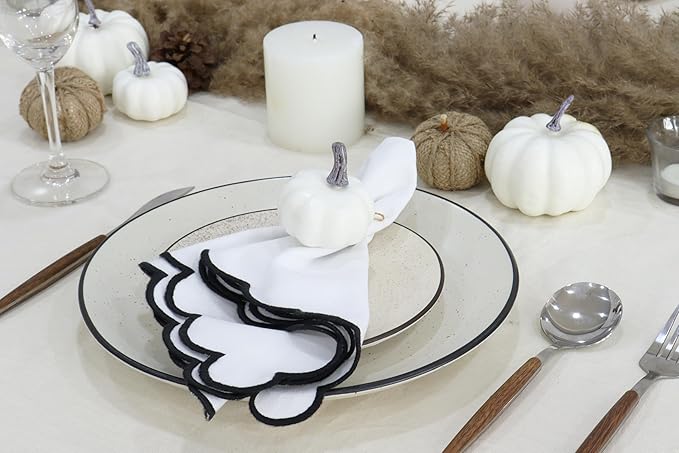 PurpleEssences Scalloped Embroidery Cloth Napkins Christmas Holiday Winter Table Decor 100% Cotton Set of 4-18 x 18 inch - White - Edges - Black