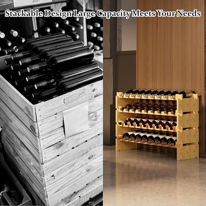 Bambloom Wine Rack Freestanding Floor, Wooden Stackable Bottle Storage Rack for Kitchen,Cellar. 36 Bottles Wine Holder Display Shelves for Champagne(Bamboo)