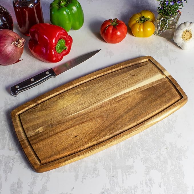 TB Home Acacia Wood Cutting Board with Juice Groove, Wooden Chopping Board for Kitchen, 14” x 7” x 5/8”