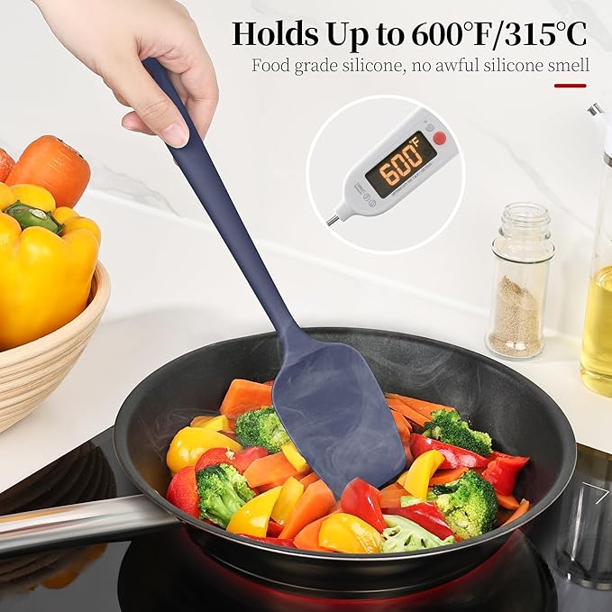 600ºF Heat Resistant Spatulas, High Heat Food Safe Semless Kitchen Silicone Spoon Spoonula Scraper Set for Cooking Baking Mixing Scraping Stirring Nonstick Cookware Pan (3Pcs,Midniaht Blue)