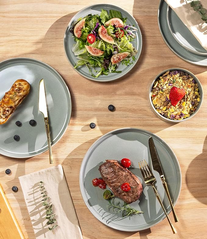 TheTerra Ceramic Dinnerware Sets for 8, 24 Pieces Porcelain Lightweight Plates and Bowls Sets, Scratch Resistant Dish Set, Oven & Microwave & Dishwasher Safe, Desert Sage