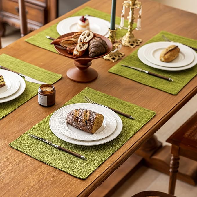 KXN Placemats Set of 6, Dual-Layer Thickened Faux Linen Table Mats, Heat Resistant & Wrinkle-Free, Machine Washable Cloth Place Mats for Kitchen Dining Indoor Outdoor (Green)