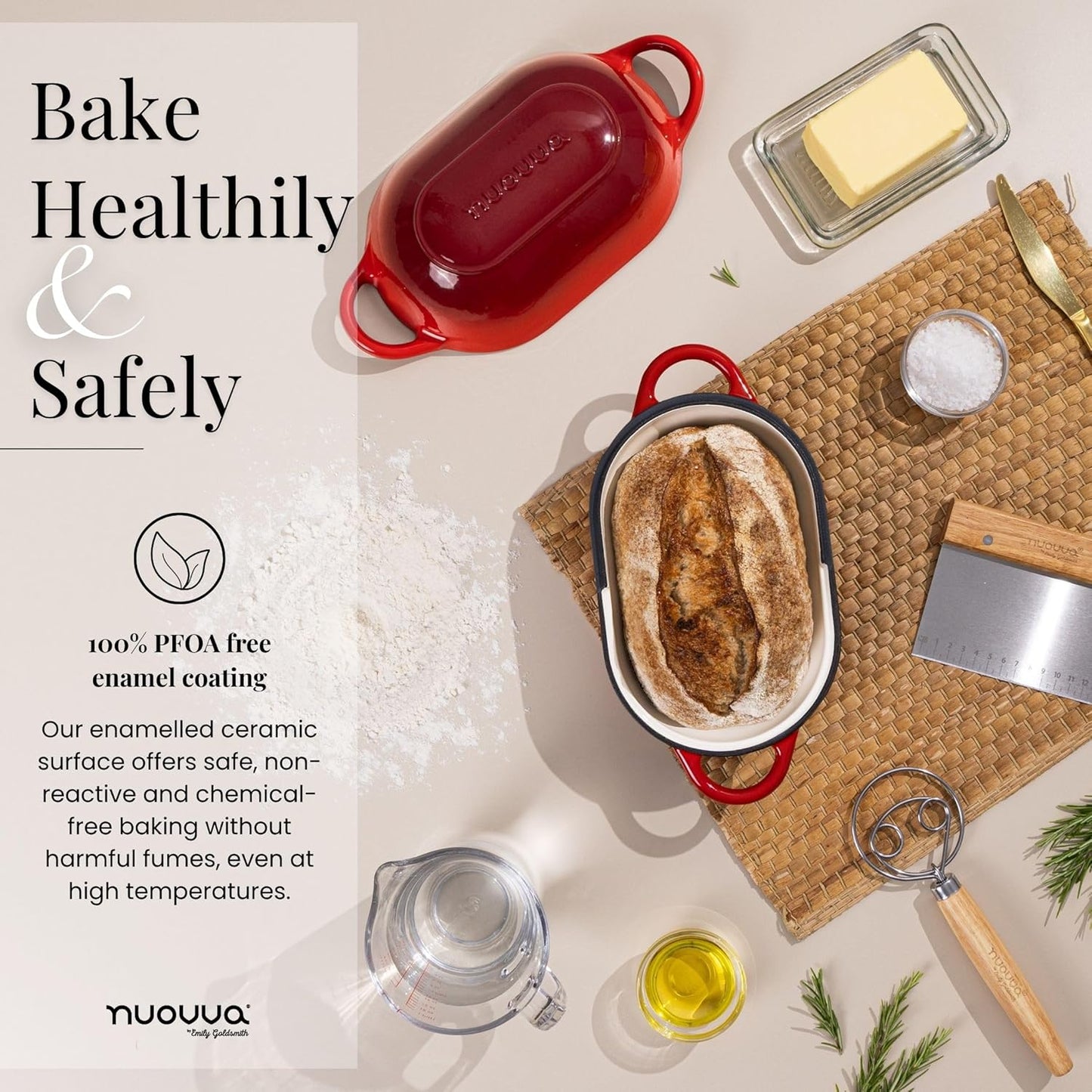 Dutch Oven For Sourdough Bread Baking – Enamelled Cast Iron Bread Loaf Pot – Oven Safe Non Stick Bread Pot – Rectangular, Red, 24cm x 16cm – by Nuovva