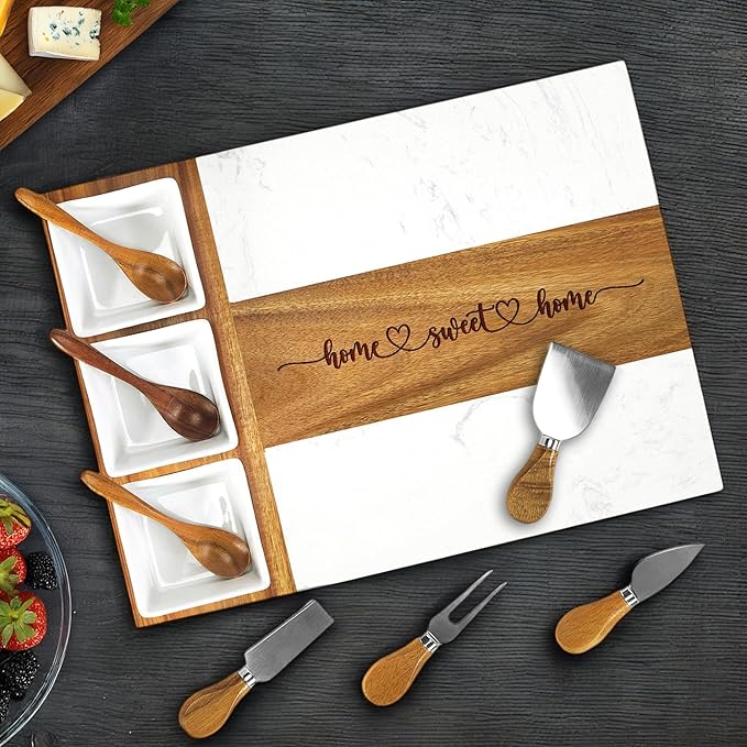 EMM Marble Cutting Board Set, Charcuterie Cheese Boards, 3 Bowls, 3 Spoons, 4 Charcuterie Utensils, Meat, Fruits, Vegetables, Housewarming, Wedding - Home Sweet Home