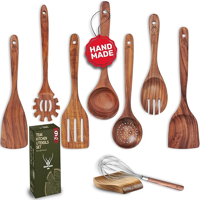 9 Pcs Teak Wooden Spoons for Cooking with Rest - Premium Utensils Set with Long Handles – Heat-Resistant Kitchen Tools for Stirring, Mixing, Serving – Durable Cooking Utensils Set with Spatula