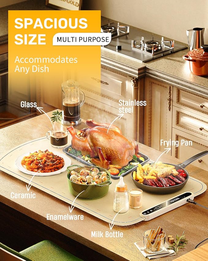 Warming Mat for Food, VEPOKA Food Warmer Mat for Countertop, Electric Warming Tray with 7 Temp Levels & Auto Shut-Off, Food Warmers for Parties, Ideal Gift for Kitchen & Buffet Use
