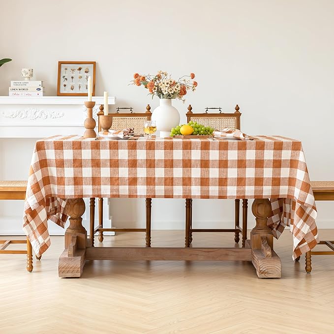 Linen World Checkered Tablecloth – Buffalo Plaid Linen Tablecloth 108" x 60" Inch,100% French Flax Table Cloth for Dining Table,Weddings,Thanksgiving & Christmas Decor,Rust Checkered