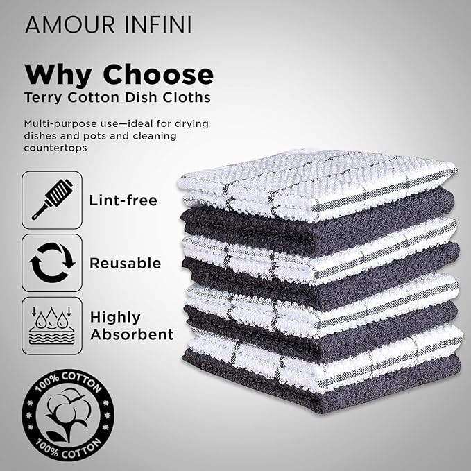 AMOUR INFINI Cotton Kitchen Dish Cloths Set of 8 – Highly Absorbent, Super Soft Premium Terry Cleaning Cloth (12"x12" Inch) Premium Dishcloths for Washing Dishes (Dark Grey)