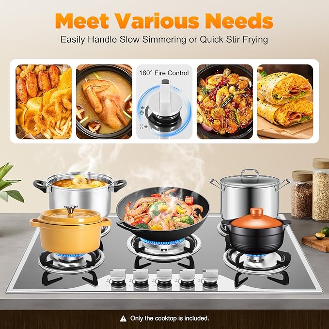 30 inch Gas Cooktop, 5 Burners Built-in Gas Stove with Push-button Rotary Switch, NG/LPG Convertible Cooktop for Home, Kitchen, Apartments and RV