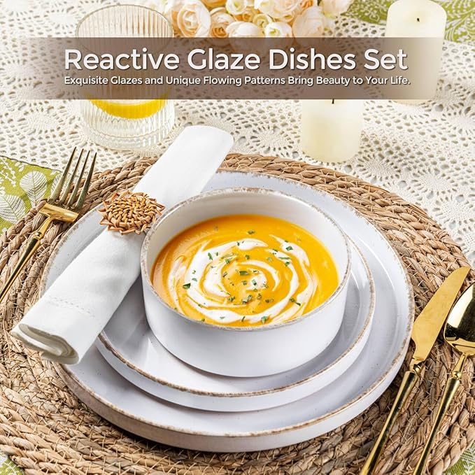 AmorArc Ceramic Dinnerware Sets for 4, 12 Pieces Handpainted Plates and Bowls Set with Rustic Terracotta Underside, Scratch Resistant Stoneware Dishes Set, Dishwasher & Microwave Safe