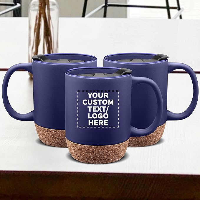 Custom Barista Ceramic Mugs with Cork Bottom 13 oz. Set of 12, Personalized Bulk Pack - Perfect for Coffee, Tea, Espresso, Hot Cocoa, Other Beverages - Blue