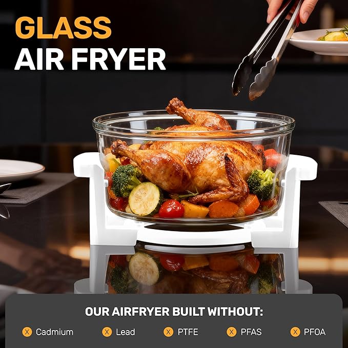 Big Boss 16Qt Extra Large Glass Air Fryer Non Toxic – Family Sized 4 in 1 Cooker with 3 Cooking Sections, Stainless Steel Racks for French Fries, Chicken, No Preheat, Self Cleaning, Dishwasher Safe