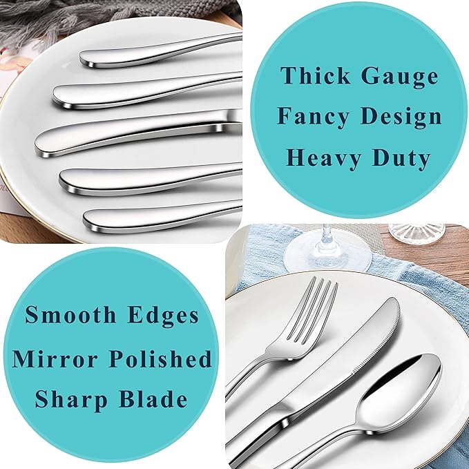 Herogo Heavy Duty Stainless Steel Silverware Set, 60-Piece Heavy Weight Modern Flatware Cutlery Set for 12, Fancy Tableware Eating Utensils for Home Wedding, Dishwasher Safe, Mirror Finished