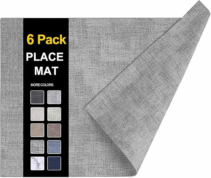 homing Faux Leather Heat Resistant Placemats 6 Packs, Waterproof Wipeable Dining PU Place Mats for Indoor & Outdoor, Easy to Clean, Light Grey
