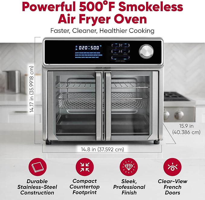 26-Quart Large Air Fryer Oven |10-in-1 Countertop Stainless Steel Toaster Oven Combo | Non Toxic Family Size Air Fryer - Frying, Baking, Toasting, Dehydrating, Rotisserie | 1700W 360° Heating