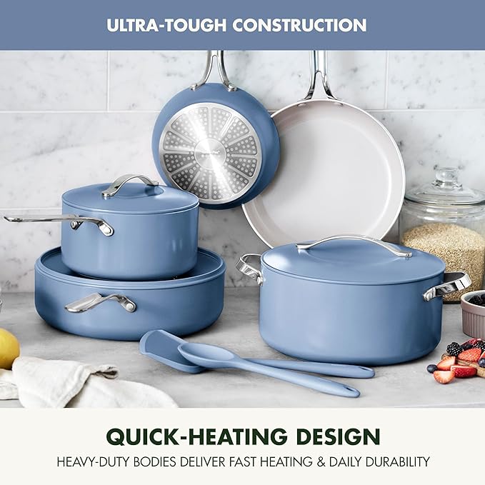 GreenPan Nova 10-Piece Cookware Pots & Pans Set, Oprah’s Favorite Things 2024, PFAS-Free Ceramic Nonstick, Fry, Sauté, Stockpot, Utensils, Lids, Induction Suitable, Dishwasher & Oven Safe, Ocean Blue
