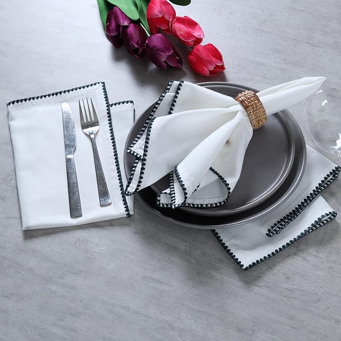 Bedding Craft Cotton Cloth Dinner Napkins Set of 12 – 18x18 Magical Forest Green Napkins with Colored Edge Embroidery – Durable Reusable Wedding Napkins for Dining Table Décor, Banquets & Restaurants