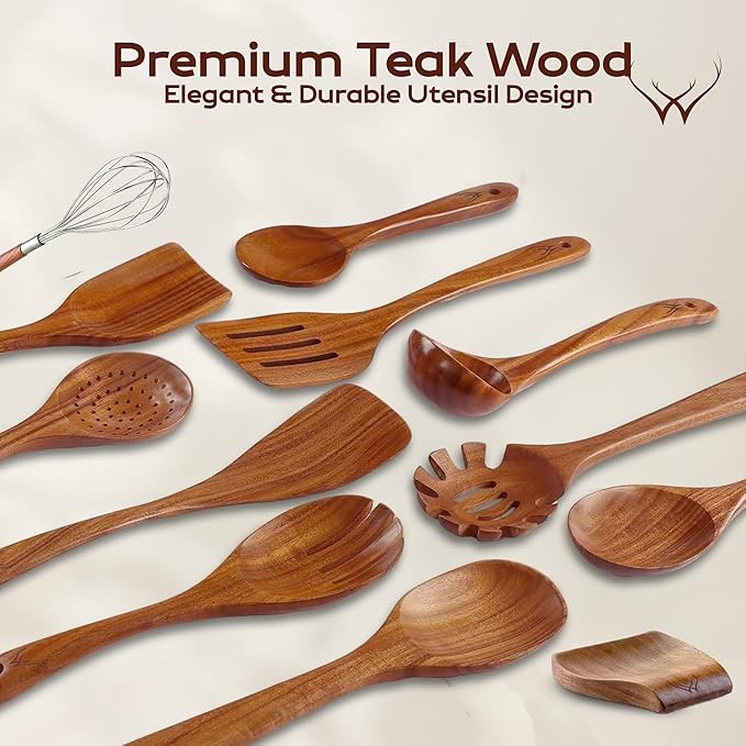 12 Pcs Wooden Cooking Utensils Set – Luxury Wooden Kitchen Utensils with Holder, Versatile Wooden Spoons for Cooking & Durable Teak Wood Utensil Set for Modern Home - Cooking spoons with Spatula