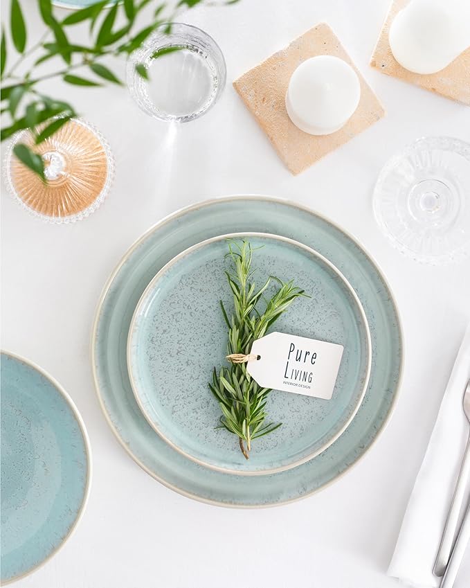 Stoneware pasta bowls set 4 pcs – 7.7" light beige & blue ceramic plates & salad bowls – Dishwasher and microwave safe – Large soup bowls stylish set – Dinner service Pure Living