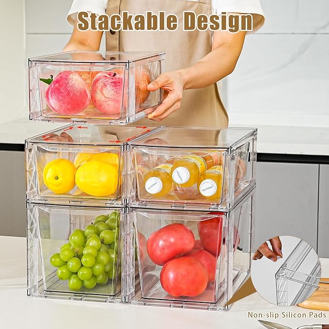 6Pack Stackable Kitchen Storage Organizer, Pantry Organizers and Storage, Clear Foods Organizer Bins with Handles, Easily Assemble for Bathroom, Kitchen, Pantry, Cabinet, Closet