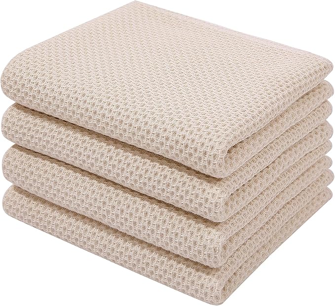 Homaxy 100% Cotton Waffle Weave Kitchen Dish Towels, Ultra Soft Absorbent Quick Drying Cleaning Towel, 13 x 28 Inches, 4-Pack, Beige