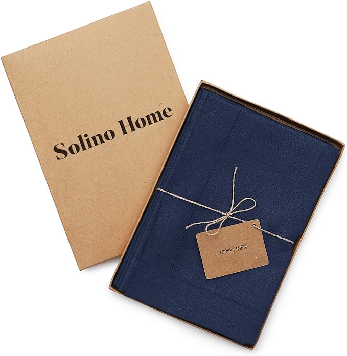 Solino Home Navy Blue Linen Napkins Set of 4-100% Pure Linen Hemstitch Dinner Napkins 20 x 20 Inch for Fall, Autumn, Thanksgiving, Christmas, Holiday, Winter - Classic Hemstitch