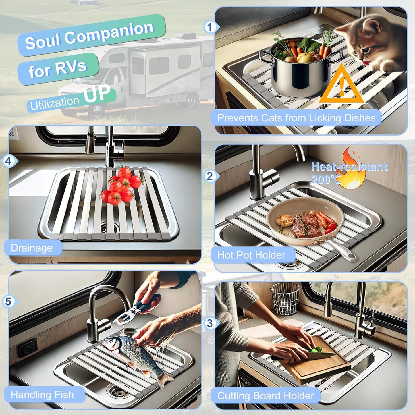 Mamakura Roll Up Dish Drying Rack Over The Sink，Multipurpose Foldable Sink Cutting Boards&Dish Rack for Kitchen,Aluminum Alloy Sink Rack Mat,21.85"x13.31",Grey