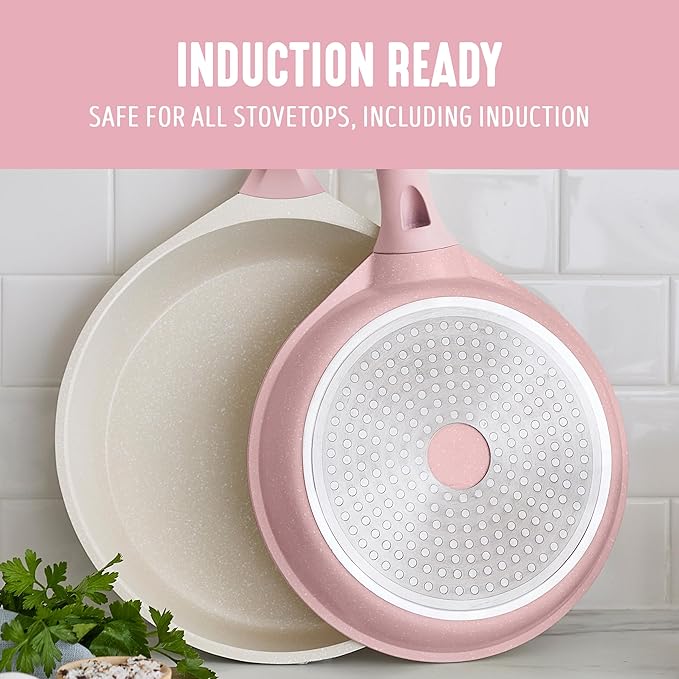 GreenLife 8 Piece Ceramic Nonstick Cookware Set, Induction Suitable Non Toxic PFAS-Free Pots & Pans, Dishwasher Safe, Cooking Set, Stock Pot, Saucepans & Frying Pans, Kitchen Cooking, Light Pink