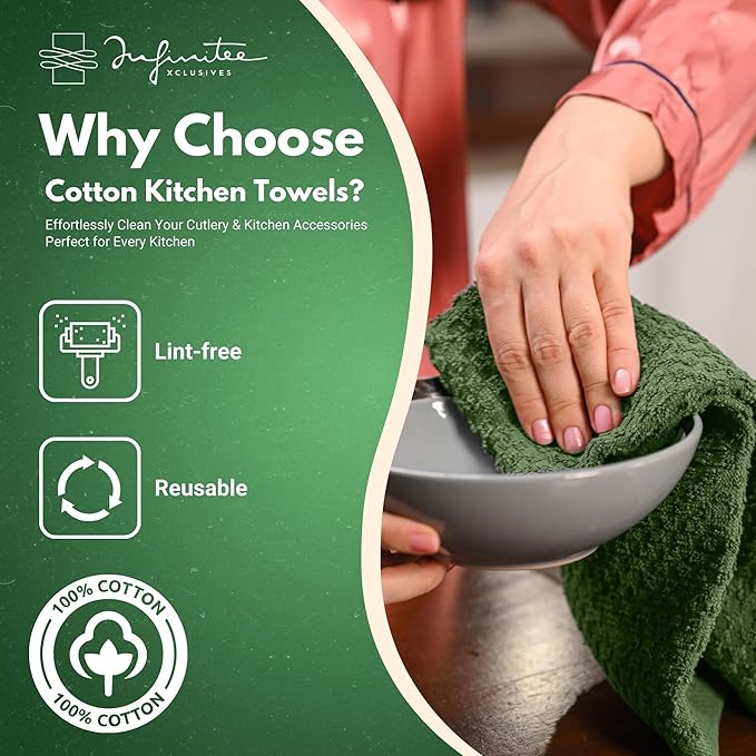 Infinitee Xclusives Premium Kitchen Towels - [Pack of 12] 100% Cotton Kitchen Hand Towels (15 x 25 Inches) - Dish Towels for Kitchen |Sturdy Green|