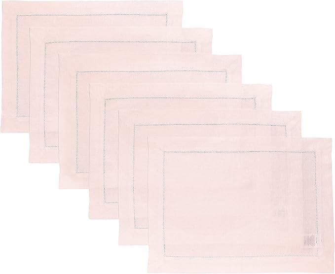 Solino Home Linen Cloth Placemats Set of 6-100% Pure Linen Hemstitch Pink Placemats 14 x 19 Inch - Classic Hemstitch Table Place Mats