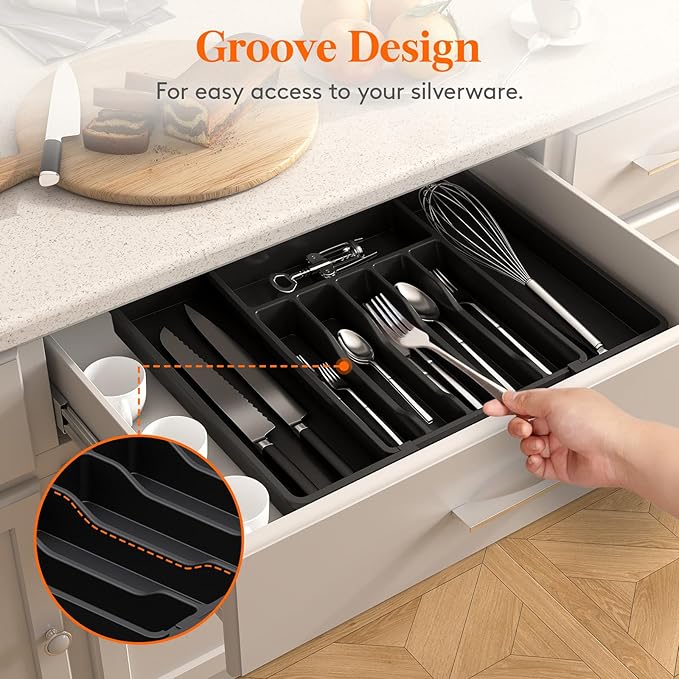 Lifewit Deep Silverware Drawer Organizer for Kitchen, Expandable Utensil Tray, Adjustable Flatware Cutlery Holder, Large Plastic Kitchen Storage for Spoons Forks Knives, 22.4 x 16.7 x 2 inches, Black