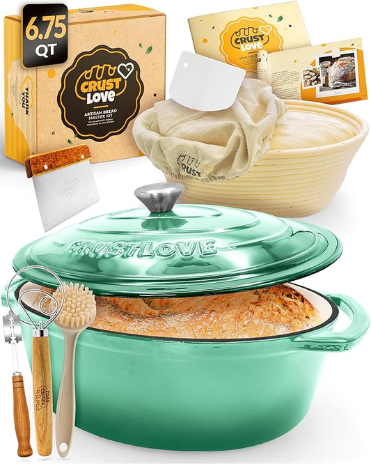 Dutch Oven for Baking - incl. Sourdough Baking Supplies like Banneton Proofing Basket - 6.75QT Enameled Oval Cast Iron Bread Oven with Lid and Scoring Tool Lame