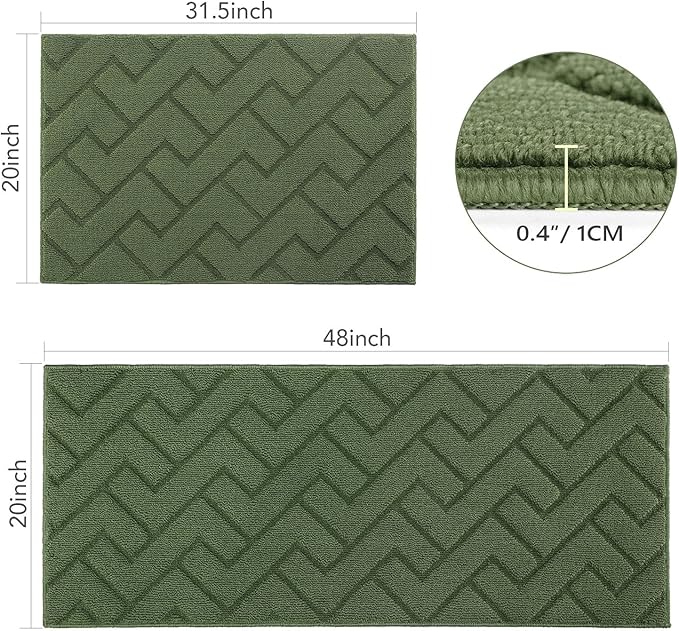 hicorfe Kitchen Rugs and Mats Sets,2 Pieces Super Absorbent Polypropylene Non-Slip Rug,Soft Comfort Floor Mat,Washable for Kitchen,Hallway,Office,Sink,Laundry(20" x 31.5" Plus 20" x 59",Green)