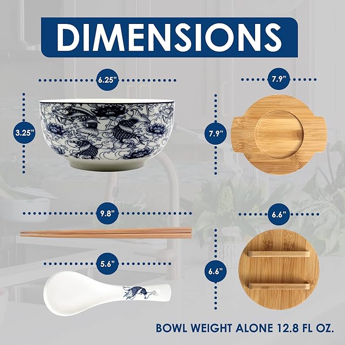 XWORLD Japanese Ceramic Ramen Noodle Bowls Set with Ceramic Spoon, Bamboo Chopsticks, Lid & Trivet, Serving Capacity of 33.8 OZ, Microwavable Oven Safety (3.3” x 6.6” D) (Blue Fish)