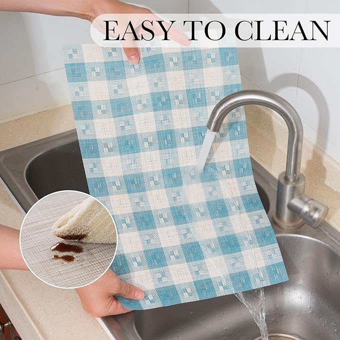 BACKTOEDEN Placemats Set of 12 Heat Resistant Washable Wipeable Placemat Woven Non-Slip Foldable Vinyl/Plastic Place Mats Indoor/Outdoor Mat Kitchen Dining Table Pad, Blue Checkered