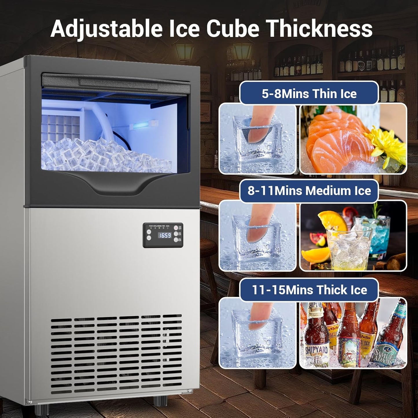 Commercial Ice Maker Machine 15inch Wide 100LBS/24H Stainless Steel Under Counter Ice Machine, Ice Ready in 8-15 min Freestanding Ice Maker for Home Bars and Restaurants