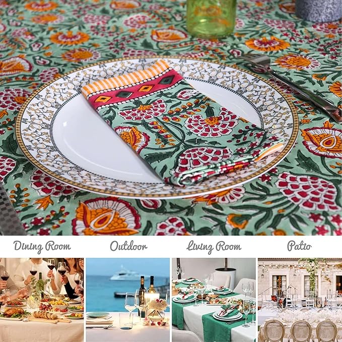 Handblock Print Cotton Tablecloth – 72x108 Rectangle Table Cover Seats 6–8 – Indian Block Printed Floral Dining Table Linen – Boho Washable Cloth for Kitchen, Party, Outdoor (Forest Green)
