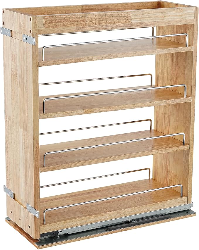 DINDON Pull Out Spice Rack Cabinet Organizer, (8" W x 21.9" D x 25.2" H) Multi-Use Soild Wood Pull Out Cabinet Organizer Slide Out Shelf Sliding Base Cabinet Storage Organization