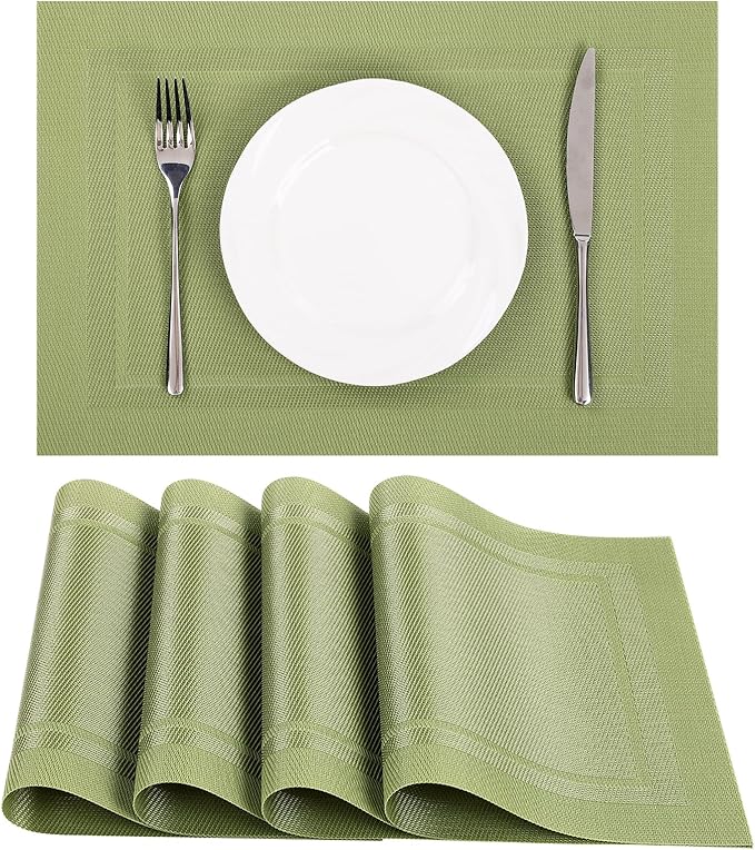 SHACOS Woven Vinyl Placemats Set of 4 Wipe Clean Place Mats Non Slip Reversible Dining Table Mats Indoor Outdoor (4, Frame Olive Green)